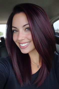 47. Straight Black Cherry Lob with Subtle Layers - Black Cherry Hair Color Ideas - Black Cherry Hair Color Ideas Best Hair Color For Straight Hair, Fall Hair Color Ideas 2024, Short Cherry Red Hair, Hair Color Ideas Winter, Dark Hair With Red, Straight Lob, Straight Red Hair, Black Cherry Hair Color, Black Cherry Hair