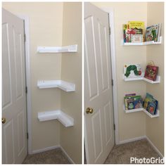 two pictures of the inside of a child's room with bookshelves and shelves