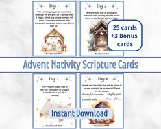 four christmas cards with nativity pictures and instructions