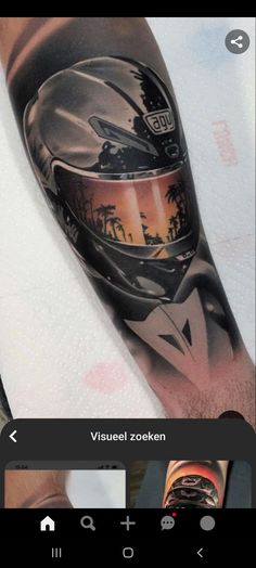 a man's arm with a helmet and palm trees on it, in the background is