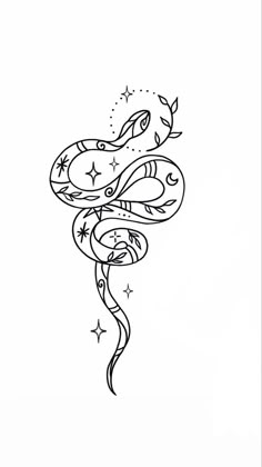 a black and white drawing of a snake with stars on it's back side