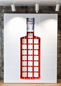 a red bottle with labels on it sitting in front of a white wall and wooden floor