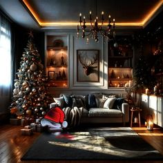 a living room filled with furniture and christmas decorations