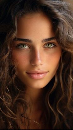 a beautiful young woman with long hair and green eyes looking at the camera while she is wearing