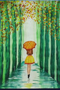 a painting of a woman with an umbrella walking down a path in the woods on a rainy day