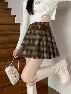 American Retro Coffee Plaid Warm Wool Mini Skirt For Women 2024 HIgh Waist Winter Short Pleated Pleated Pattern, Empire Dresses, Pleats Pattern, Pleated Skirt Short, Winter Shorts, Retro Coffee, Wool Mini Skirt, Pleated Skirts, Winter Fabric