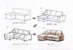 sketches of couches and chairs are shown in three different positions, including the armrests