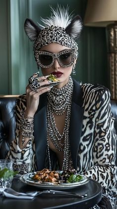 a woman in animal print clothing eating food at a table with glasses on her face