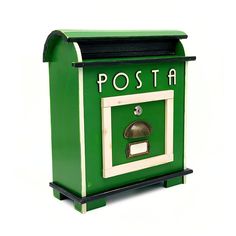 an old fashioned green mailbox with the word posta on it's front