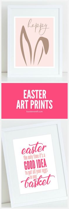 three framed pictures with the words easter art prints in pink, white and brown on them