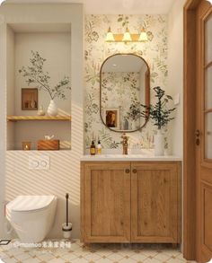 a bathroom with a toilet, sink and mirror in it's wallpapered walls