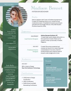 Interior Design Resume Template  Visme Resume Interior Designers, Interior Designer Cv Cv Template, Interior Design Cv Ideas, Interior Designer Resume Creative, Green Cv Design, Cv For Interior Designer, Interior Design Cv Resume, Resume Interior Design, Cv Design Graphic Designer