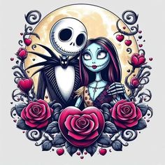 a drawing of a skeleton and a girl with roses in front of a full moon