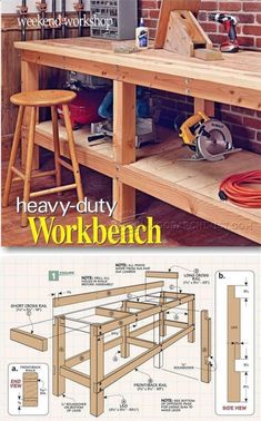 the workbench is made from wood and has tools on it