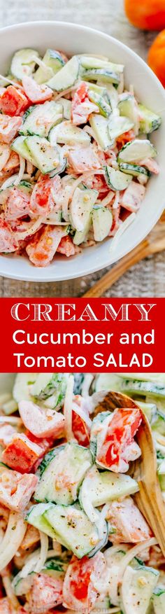 a salad with cucumbers and tomatoes in a white bowl