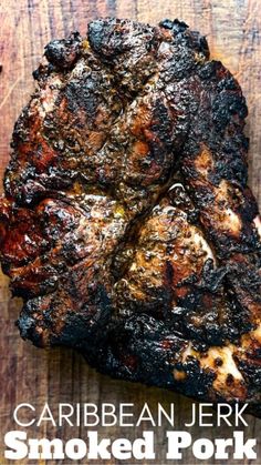 grilled pork chops on a cutting board with the words caribean jerk smoked pork