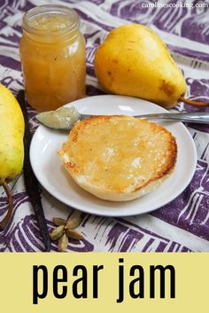 pear jam on a white plate next to two pears