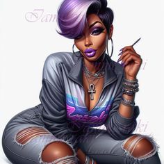 a drawing of a woman with purple hair and piercings sitting on the ground holding a knife