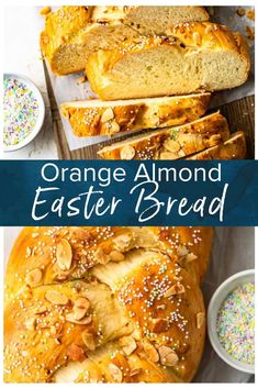 an orange almond easter bread is shown with sprinkles on the top and bottom