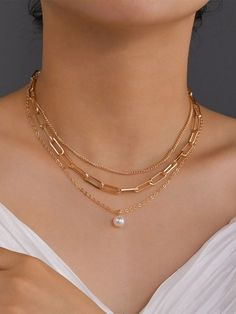 Yellow Gold  Collar  Iron   Embellished   Women Fashion Jewelry Delicate Layered Necklace, Casual Jewelry, Pearl Pendant Necklace