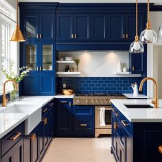 A kitchen design featuring bold, deep blue cabinets paired with contrasting white countertops and gold hardware, creating a striking and unique style that reflects a vibrant personality. Sapphire Blue Kitchen Cabinets, Sapphire Blue Kitchen, Dark Blue And White Kitchen, Color Cabinets Kitchen, Color Cabinets, Navy Kitchen, Blue Kitchen Cabinets, Kitchen Design Modern