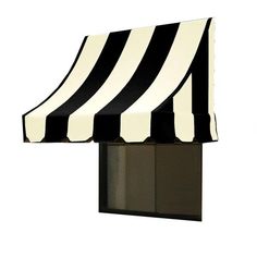 a black and white striped awning on the side of a building against a white background