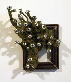 an art piece made out of moss and eyeballs on a white wall next to a black frame