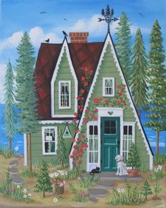 a painting of a green house with trees and flowers on the front door, along with a white dog sitting outside