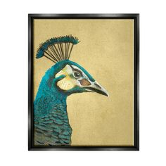 a painting of a peacock with feathers on it's head, in a black frame