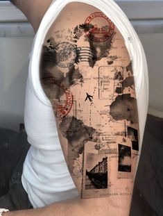 The Art of Travel: Exploring the World of World Traveler Tattoos | Aesthetic & Unique Tattoo Ideas Map Tattoos Men, World Map Tattoo Sleeve, Nautical Map Tattoo, Travel Sleeve Tattoo, Map Tattoo Sleeve, Travel Tattoo Men, Tattoo Brazo Mujer, World Travel Tattoos