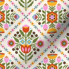 an image of a colorful flower pattern on a white background with pink, orange and green flowers