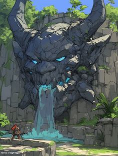 an animated image of a monster with blue eyes and large horns, standing in front of a waterfall