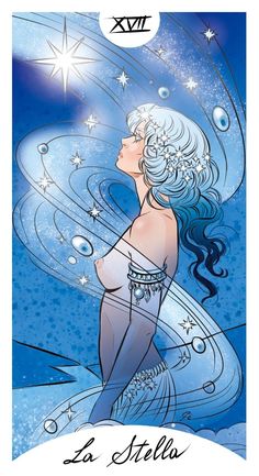 an illustration of a woman with blue hair and stars on her head in the sky