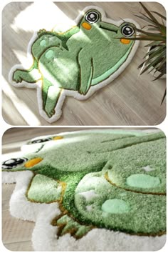 two pictures of a frog rug on the floor