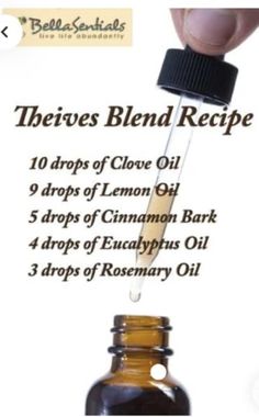 You can change the % to drops to make it easier. This will make 5ml botle. Clove Bud 40%/Lemon 30%/Cinnamon Bark 15%/Eucalyptus 10%/Rosemary 5% Thieves Blend, Eo Blends, Essential Oil Perfumes Recipes, Doterra Recipes, Essential Oil Combinations, Thieves Essential Oil, Essential Oil Diffuser Blends Recipes, Essential Oil Remedy