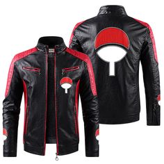 a black leather jacket with red and white patches