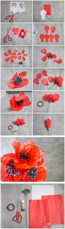 how to make paper poppies with scissors and flowers on the table for valentine's day