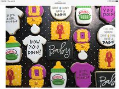 decorated cookies are displayed on a black surface with white and yellow lettering that says, how do you doin?