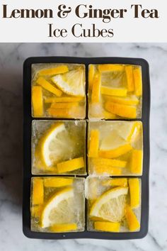 lemon and ginger tea ice cubes with text overlay