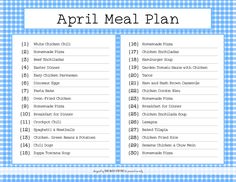 the printable meal plan is shown in blue and white checkered paper with text