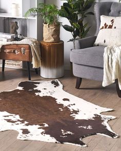 a brown and white cowhide rug in a living room with a chair, plant and other furniture