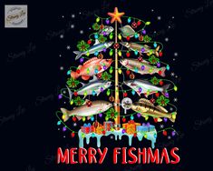 a christmas tree with fish on it and merry lights in the shape of an xmas tree