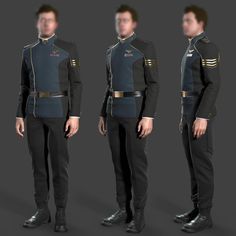 three different views of a man in a star trek uniform, standing with his hands on his hips