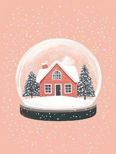 a snow globe with a red house inside and trees in the middle, on a pink background