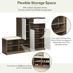 the instructions for how to build a shoe storage cabinet with multiple compartments and shelves, including two