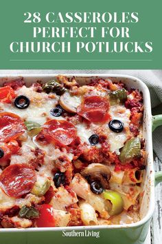 the cover of 28 casseroles perfect for church potlucks