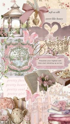 a collage of pink and white items including books, flowers, tea kettles, roses