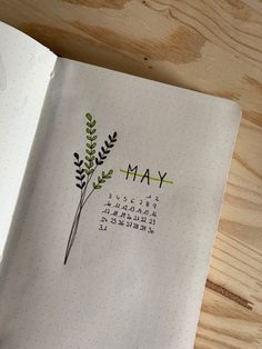 an open notebook with the word may written on it and a plant drawn in chinese