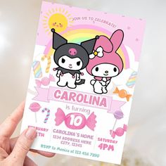 Editable birthday invitation with Sanrio's Kuromi and Melody characters My Melody And Kuromi Party, Kuromi Invitation Card, My Melody Invitation, My Melody Birthday Invitation, Kuromi Invitation, My Melody Birthday Cake, Kuromi Birthday Party, Kuromi And Melody, Kuromi Cake