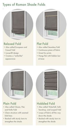 four different types of roman shades with instructions on how to use them in the window